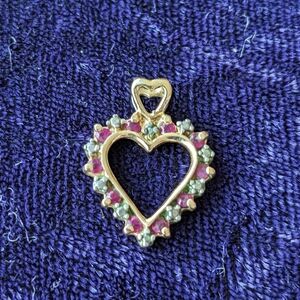 Vintage 10K Gold Vermeil Open Heart Pendant With Red / Pink Ruby Stones